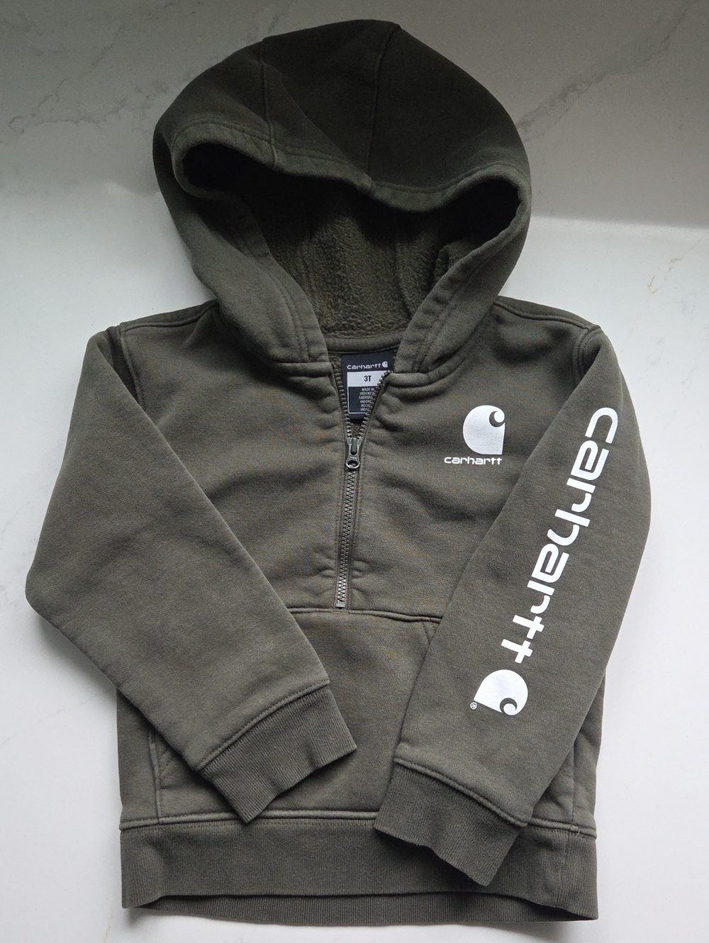 Carhartt Kids Olive Half-Zip Hoodie with White Logo